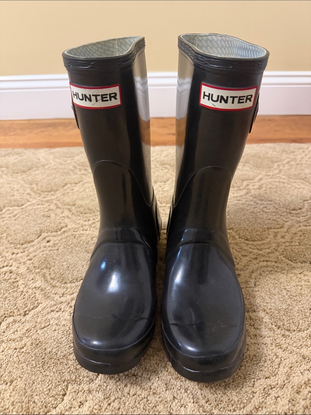 Hunter Black Gloss Rain Boots with Logo